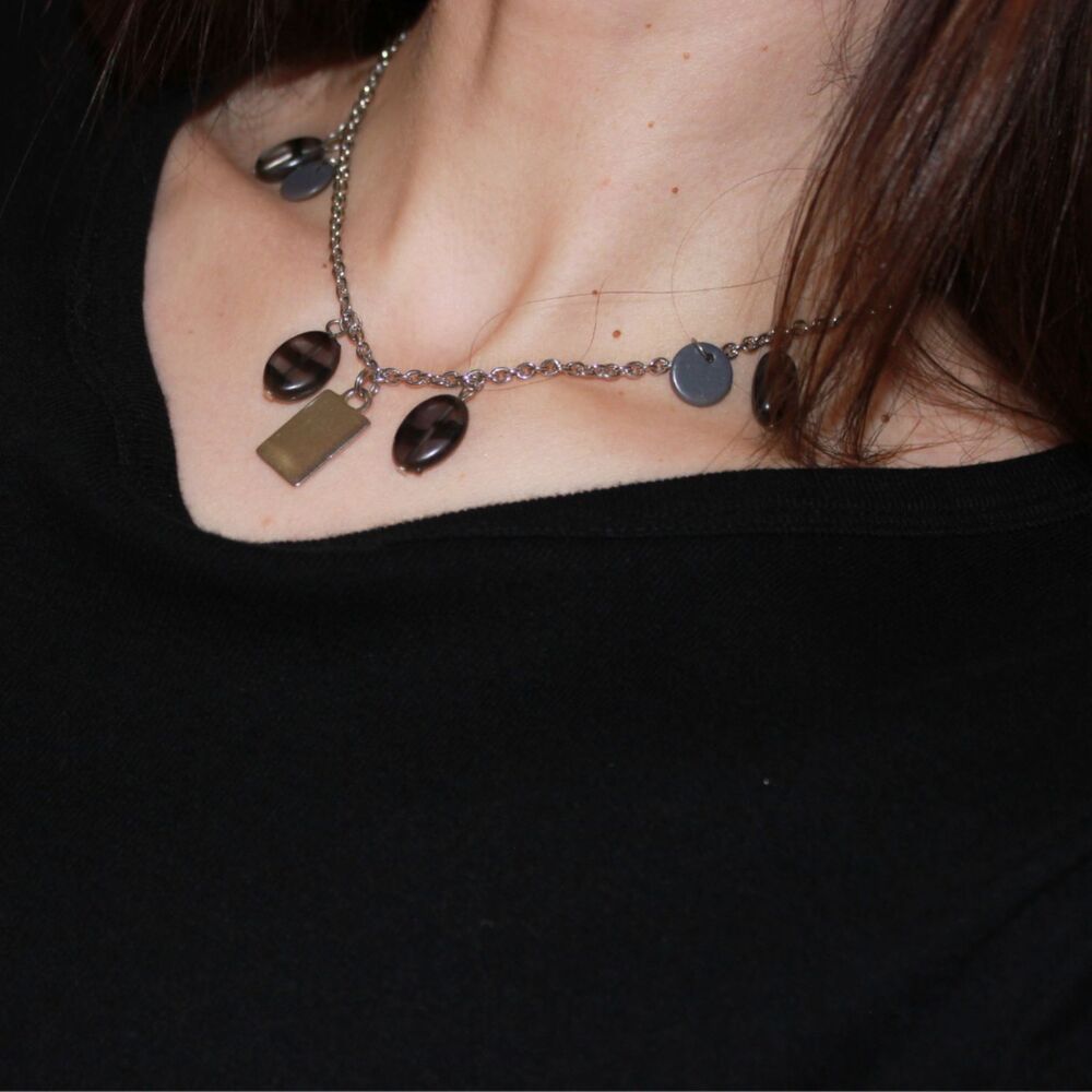Silver Tone Black Beaded Charm Necklace Y2K Minimalist